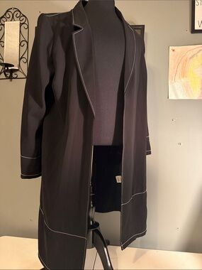 Alfani Black Women's Long Open Front Coat with Contrast Stitching- size Large.